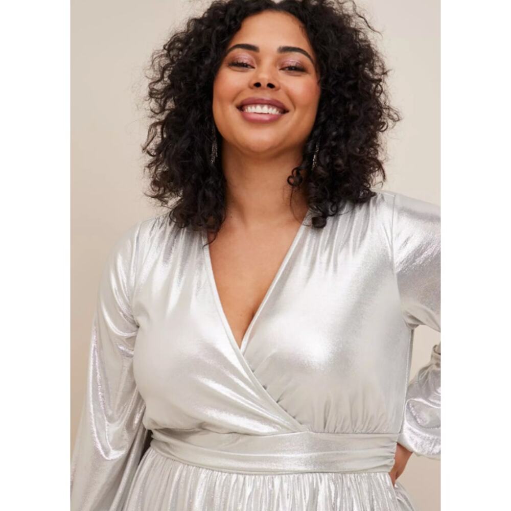 Torrid Mini Liquid Knit Surplice Dress Metallic Silver Party Torrid 3 3XL 22-24 - Picture 2 of 11